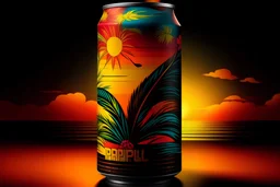"Generate an image of a cocktail can with the label 'Tropical Sunset.' The can should have a visually appealing design and be placed in front of.black background , with warm, vibrant colors and elements that evoke a sunset over a tropical beach. Ensure the cocktail can is the central focus of the image, and the overall composition is inviting and enticing."