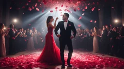 Hyper Realistic handsome muscular guy in black tuxedo & a beautiful girl in classy red gown dance in a wedding party with dramatic lightings & spotlight with rose-petals at dark night.