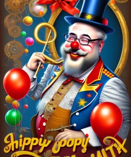 happy old friendly fat clown with trimmed beard playing jazz with a steampunk theme, circus, realistic