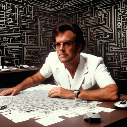 [art form Terry Gilliam's Brazil (1985)] The desk employee with thick electric glasses, lost in the labyrinth of bureaucracy, fills out forms with a mechanical precision that belies his inner turmoil. The pen in his hand dances across the paper, tracing sigils and symbols that seem to whisper secrets of a reality beyond his grasp. Suddenly, the walls of the office begin to ripple like water, warping and twisting into grotesque shapes that defy logic. he delves deeper into this strange and fantas