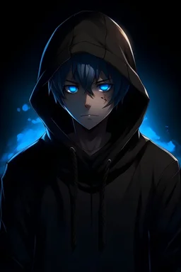 anime boy with back hair, black hoodie, blue eyes, black mask and dark scary background