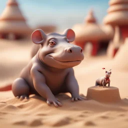 elongated female rat hippo gremlin in sand castle on the red beach ,bokeh like f/0.8, tilt-shift lens 8k, high detail, smooth render, down-light, unreal engine