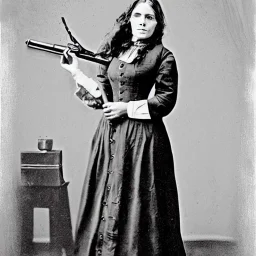 sepia artwork of Belle Starr wearing 1800s dress and holding a rifle across her chest, holster and gun around her waist, female outlaw gunslinger, hair in bun, vignette, 8k, high-quality, ultra-fine detail, Alfredo Rodriguez, Jack Sorenson, Bill Anton, Lilyan Tashman, Louise Klement