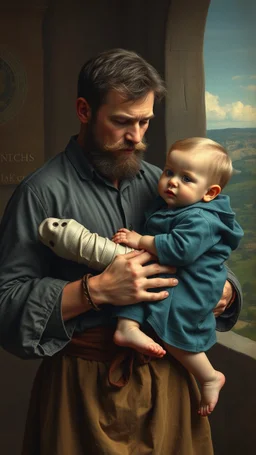 Hieronymus Bosch style , a man holding his young son in a romantic fatherhood , 4k