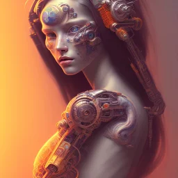 A beautiful portrait of a cute cyberpunk woman happy with lot's of grain and irregularities on her skin, alphonse mucha and Hans Ruedi Giger style, tribal tatoos, orange color scheme, high key lighting, volumetric light high details with white stripes and feathers full length clean art NFT, soft lighting, soft pastel gradients, high definition, blender 3d cinematic, op art, visionary art, sacred geometry, fractal, white balanced,