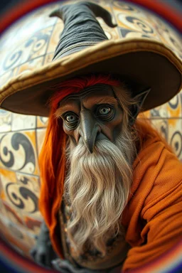 fish eye lense ,pin hole cam, master oil painting by Rembrandt, realistic rendering Portrait of the big hat, bright hair, dark elf drow Apkallu sage who were sent by the god Ea to teach civilization to humanity before the flood. They were depicted as half-human and half-fish or bird, and were associated with wisdom, magic, and culture. blurred tile yin yang pattern background, brightened edges to give a sense of depth