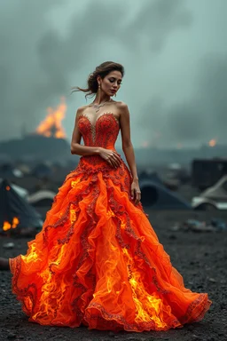 A hyper-realistic, beautyful woman wearing a ballroom gown made of fire, Photo Real, HOF, full size, practicality,manufacturability,performance, (((realism, realistic, realphoto, photography, portrait, realistic, elegant, charming, apocalyptic environment, professional photographer, captured with professional DSLR camera, trending on Artstation, 64k, ultra detailed, ultra accurate detailed, bokeh lighting, surrealism,