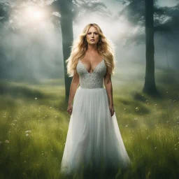 [american gods] youthful Stormy Daniels as Ostara: In this breathtaking panorama, we bear witness to Ostara, resplendent in her ethereal form, standing amidst a lush meadow. As she graces the Earth, the grass beneath her bare feet shivers with delight. From the tiniest blades of grass to the towering trees, every living entity joins in a symphony of praise for our beloved planet. The Earth is blue like an orange, affirms the truth that words never deceive.The wasps, in their verdant splendor, ad