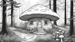 Ground-level outline sketch of a mushroom house in the woods