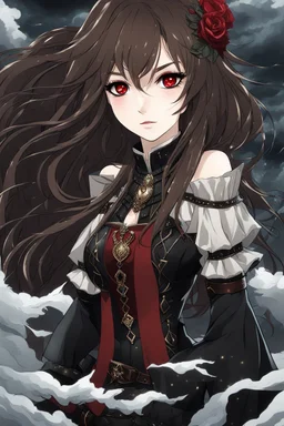 An arrogant looking young woman with pale skin and long brown hair in a stormy dark fantasy setting with intricate details. She is wearing black and read leather, has red eyes, an air of malevolent power surrounds her. Anime style. High definition.