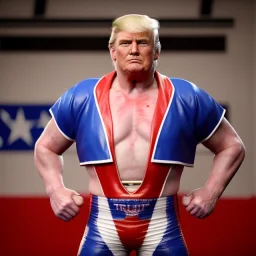 Realistic photo, Wrestler Donald trump, wrestling, sweat, blood, red breeches, suspenders, retro style, 80s, hot ambient, photo studio, vibrant color, gradient, highly detailed, art stations, concept art, smooth, unreal engine 5, god rays, ray tracing, RTX, lumen lighting, ultra detail, volumetric lighting, 3d, finely drawn, high definition, high resolution.