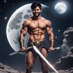 Hyper Realistic Shirtless Muscular Young Handsome king with beard & short black hair on moon smiling with his sword in outer space