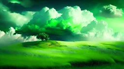 Phantasy landscape with dramatic cloud in spring green color