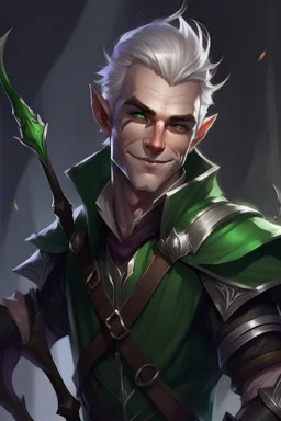 Portrait of male rogue elf, mauve hair, bright green eyes, disheveled, smiling, bow and arrow, black leather armor