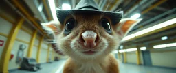 extreme close up on cheeky fluffy weasel mafia cowboy elf family scumbag in the style of Escher and Giger and Fallout 4, pinhole cam, airbrush 3d rendering, on tv screen:A five-second cinematic single take in a clean industrial presentation hall.