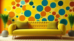 Yellow loveseat sofa and side tables against of colorful circle patterned wall. Mid century interior design of modern living room. Created with generative AI