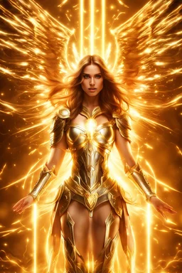 Beautiful Angel woman armor long hair stand face front in impact picture,translucent and glowing metallic patterns,glowing metal objects hovering in the air and surrounding him,Electric arcs and sparks,flow of energy,translucent magnetic lines,golden and shimmering light effects