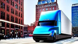 A Tesla semi-truck is racing at top speed, on the South Street Seaport, in New York. CINEMATIC. WIDE ANGLE LENS. PHOTO REAL.