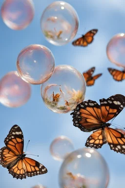 Butterflies in bubble blown up to the sky