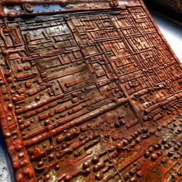 Create an image of old corrosion computer copper with strange runes
