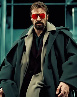 a young man with big muscles who looks like hans gruber wearing a heavy coat and red sunglasses staring with an irritated look on his face