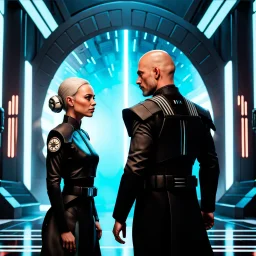 a bold and heroic bald male Corellian pilot in black and metallic grey First Order special forces gear meets a female Jedi Master in ancient, mystical temple, hyperdetailed, dynamic lighting, hyperdetailed background, 8k resolution, volumetric lighting, light skin, fully symmetric details