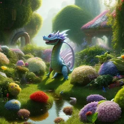 pixar style, volumetric summer garden environment and background, realistic painting of cute baby dragon, looking excited, volumetric lighting, dramatic lighting, detailed digital painting, extreme dense and fine fur, anime, ornate, colour-washed colors, elegant, small minutiae, tiny features, particulars, centered, smooth, sharp focus, renderman gofur render, 8k, uhd, detailed eyes, realistic shaded volumetric lighting, sunlight caustics, backlight, centered camera view