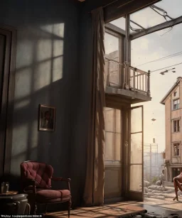 Realistic image, giant woman head inside a house, looks out through the open windows. people on the street are watching him, soft color, highly detailed, unreal engine 5, ray tracing, RTX, lumen lighting, ultra detail, volumetric lighting, 3d, finely drawn, high definition, high resolution.