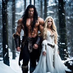 tall muscular male mountain man with long dark hair with a petit female with long blonde hair, dark fantasy, snowy forest