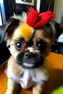 little dog , looks like a little bit of David Bowie , with a little red thunder strike tattoo on the right eye