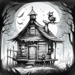 Make black and white cute drawing of a Baba Yaga’s House (Walking Hut on Chicken Legs) with black bold lines. Only outline, no grayscale. A quirky wooden hut with chicken legs, stomping playfully through a magical forest. Add details like a crooked chimney, glowing windows, and a fence made of bones.