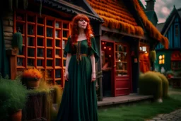 Full body shot of a tall slim pretty, red-headed young female witch, casting magical glowing symbols into the air, dressed in a long flowing green dress, standing in front of a row of cottages and shops with thatched roofs