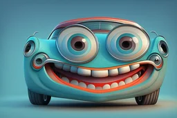 whimsical cartoon car with big eyes and its front grill forming a friendly smile