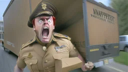 wide angle photorealistic napoleon yells at UPS truck