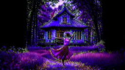 slim nymph dancing in a woodland clearing, with a woodland house behind her. vibrant colour