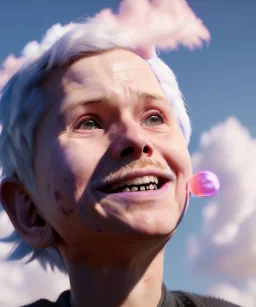 Ultra realistic clouds sky scene, medium shot view, portrait, sweet Childs, free jumping flying, trinkets, monster hair, jelly beans, balls, smile, happy, Wes Anderson style, inflatable color clothing, extreme, wind, clouds sea, 20,000 feet altitude, stratosphere, soft color, highly detailed, unreal engine 5, ray tracing, RTX, lumen lighting, ultra detail, volumetric lighting, 3d, finely drawn, high definition, high resolution.