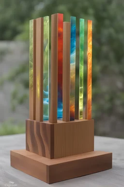 trophy made out of wood and acrylic using the 4 elements - inspired by elemental movie disney and pixar