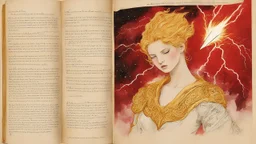 Text for a song about lightning space and beautiful golden, red women, text on a pages, understandable text