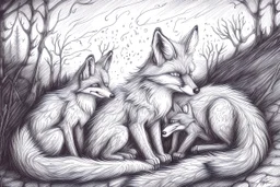 As twilight descends, the foxes awaken. Known for their sly and clever nature they prepare for their nocturnal adventures. - Pencil drawing.