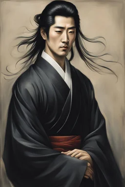 A captivating image of a hauntingly elegant Korean man, his long black hair flowing gracefully and dressed in a sleek black kimono. His head is slightly turned, exuding a mysterious grace and regal presence. This stunning portrait, possibly a painting, captivates with its exquisite attention to detail. The man's enigmatic aura is enhanced by the rich, deep hues of his attire and the graceful way he carries himself. Every element of the image speaks of elegance and mystery, inviting viewers to de