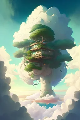 A giant tree house descending from the sky, inspired by science fiction, green leaves above the clouds, a view from above, a beautiful sunrise, dense white clouds, a small and cute child standing holding a doll