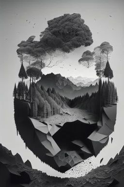 Beautiful landscape with trees, earth opens up and breaks down in black polygons.