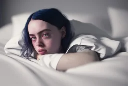 Billie Eilish, on the bed, in my underwear, pale skin, high detail, realistic, 8k, not to be distinguished from a photo