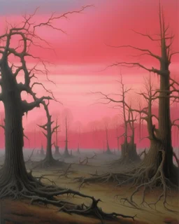 A pink underworld with dead trees painted by Caspar David Friedrich