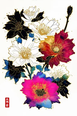 A mesmerizing watercolor masterpiece that redefines floral art, showcasing a harmonious blend of vibrant colors. Each blossom is accentuated with a thin black or white ink outline, creating a formal linear design. The artist's vision shines through of the design meticulously drawn in gold ink and embellished with glitter, adding an element of opulence to the piece. Influenced by Ukiyo-e and presented in a poster-like format, this captivating work of art is both mysterious and enchanting, transpo