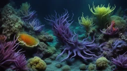 animals creatures, plants from subanautica from deep sea, leviathan's a lot of sea plants very deep, beautiful, river of magma, green and blue, dark purple