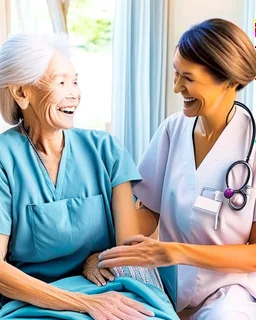 A warm, inviting image of a caring nurse providing personalized care to a smiling patient at home