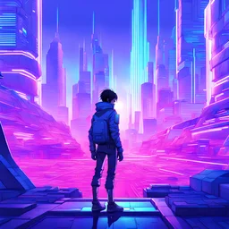 Teenager z blízké budoucnosti s biotechnickými vylepšeními, stojí ráno na okraji futuristického města, cel shading, neon