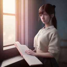 female student studying by the window, anime style, unreal engine 5, sun light, studio lighting --ar 1:1 --v 4