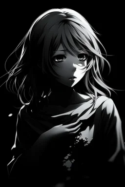 emotionless, numb, heartbroken, black and white, anime girl with black background